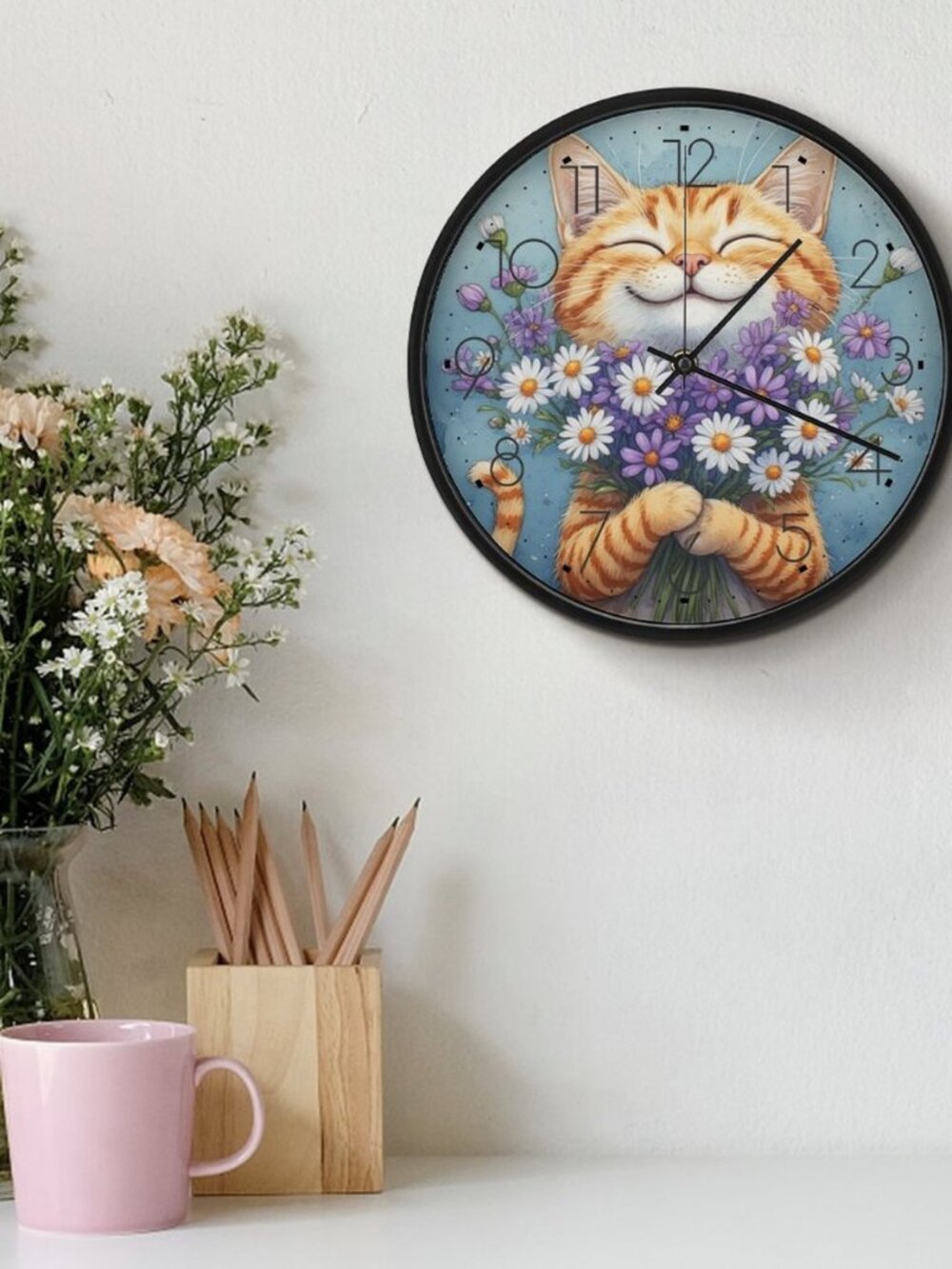 Happy Cat Wall Clock, Whimsical Animal Decor, PC Tempered Glass Art - Picture 5 of 9
